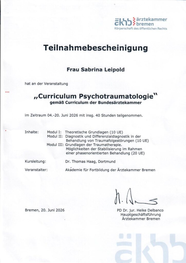 Traumatherapie in Bremen, Nachweis von sabrina leipold